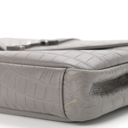 Saint Laurent Calfskin Crocodile Embossed Medium College Monogram Satchel Gray 11 of 14