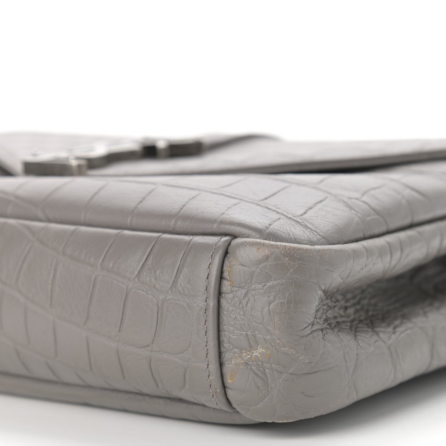 Calfskin Crocodile Embossed Medium College Monogram Satchel Gray