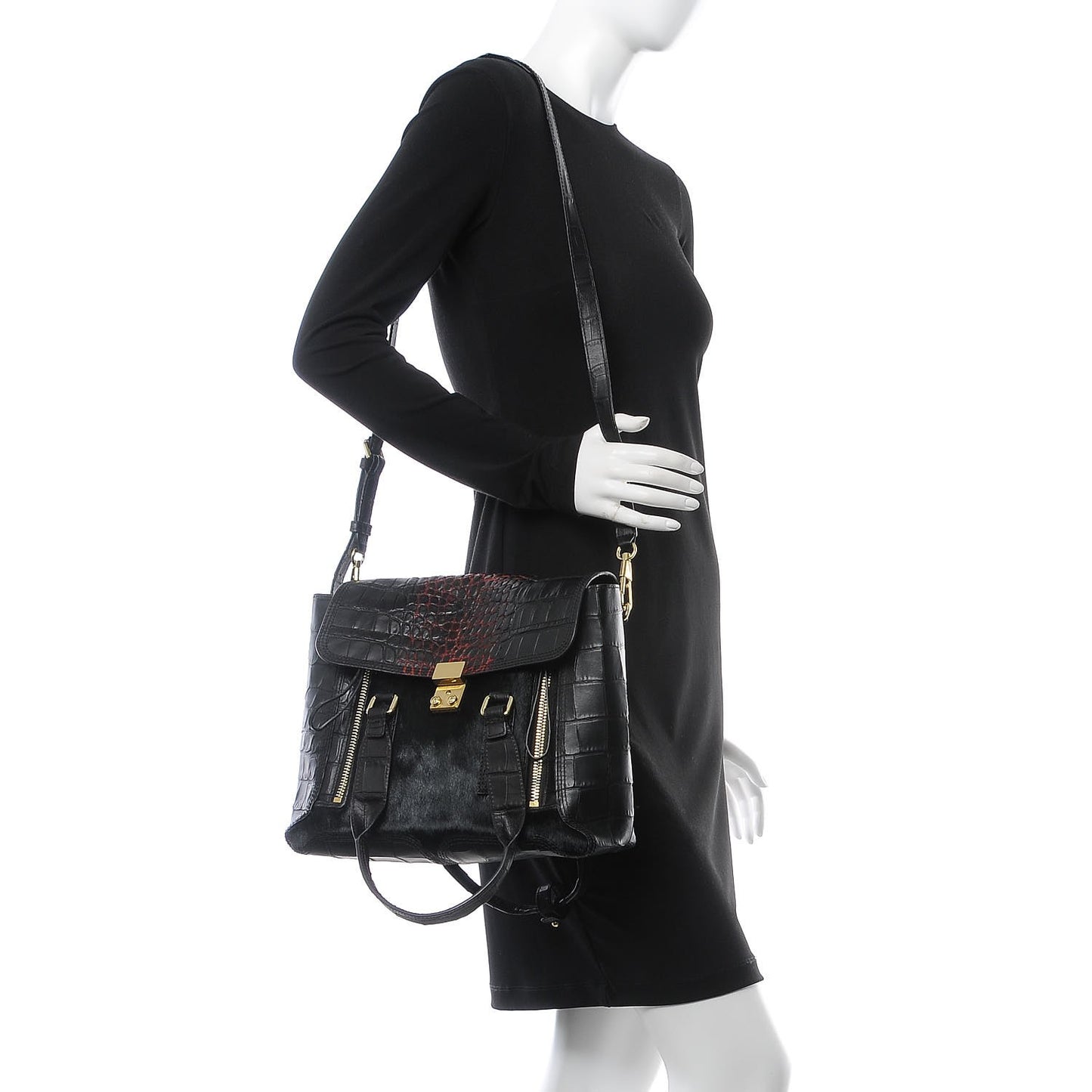 3.1 Calf Hair Calfskin Crocodile Embossed Medium Pashli Satchel Antique Red Black