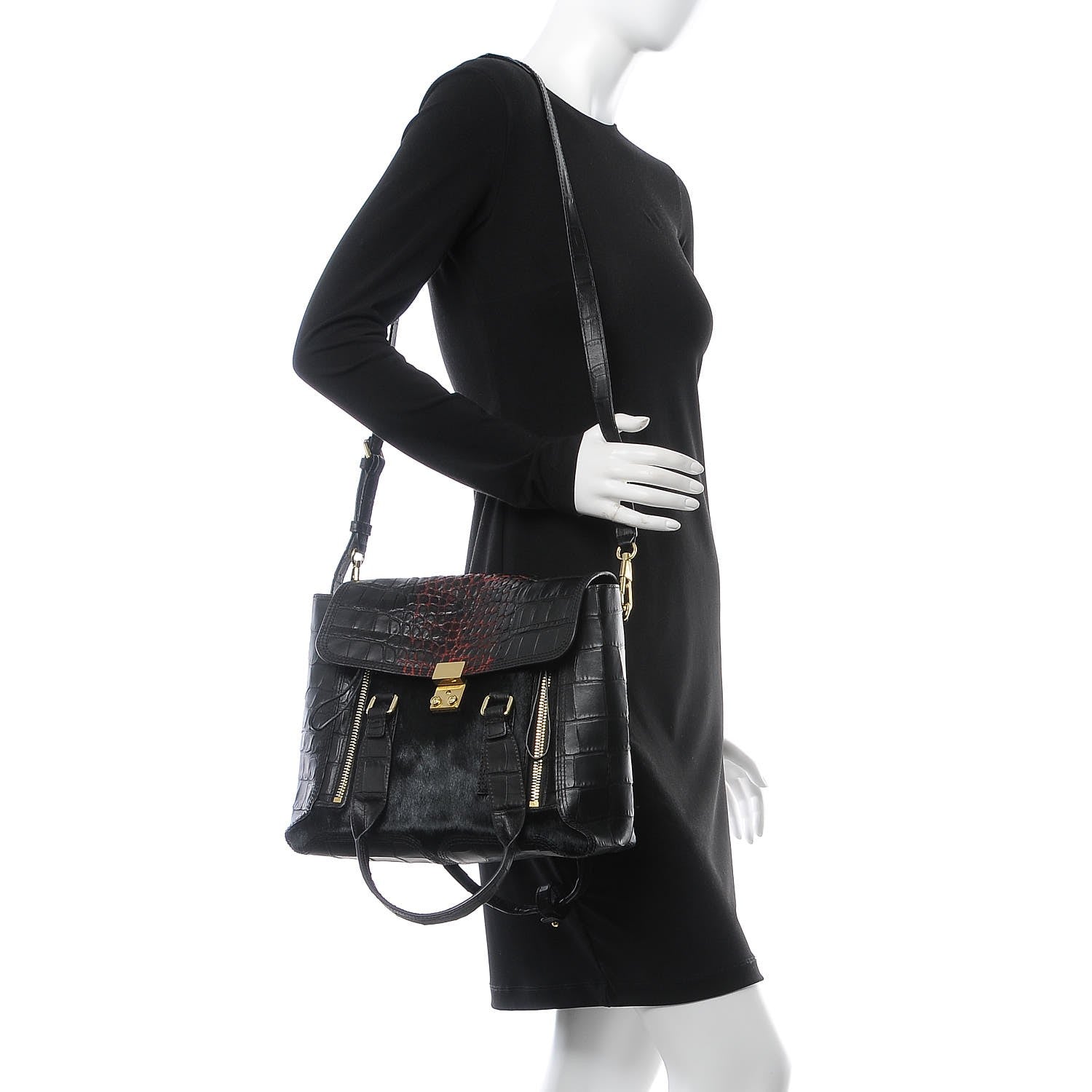 3.1 Phillip Lim 3.1 Calf Hair Calfskin Crocodile Embossed Medium Pashli Satchel Antique Red Black 2 of 10