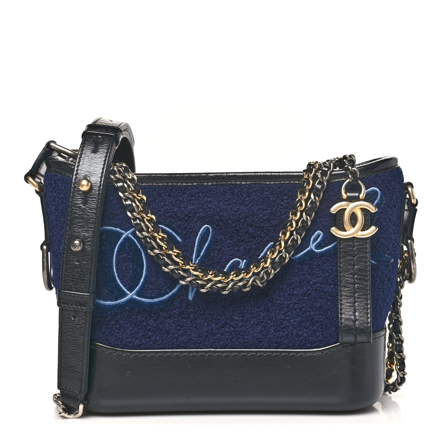 Calfskin Wool Embroidered Paris Hamburg Medium Gabrielle Hobo Dark Navy Blue