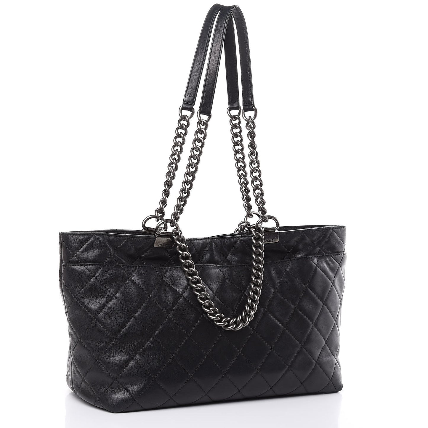 Calfskin Quilted Small Shopping In Chains Tote Black
