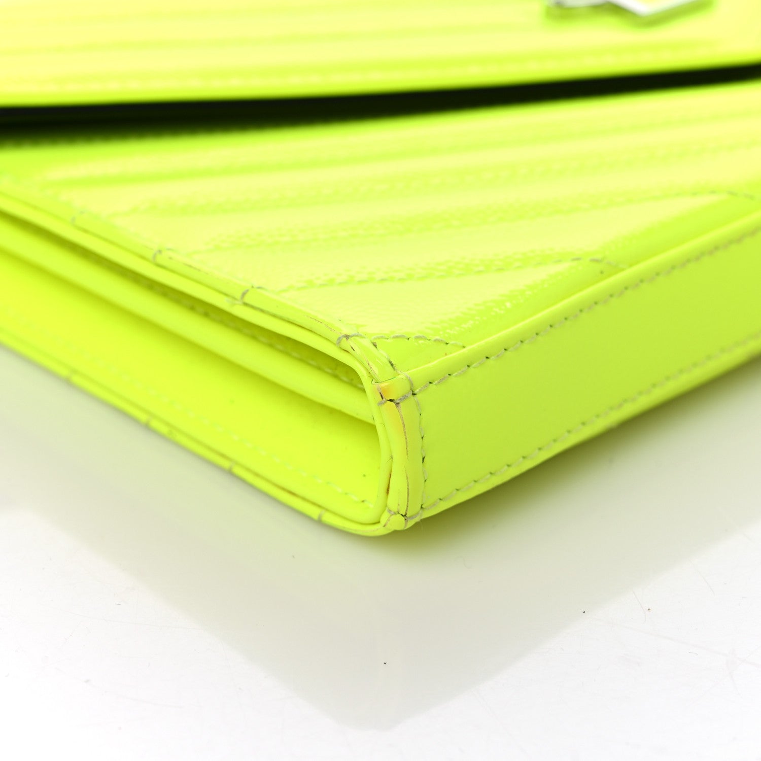 Saint Laurent Patent Grain De Poudre Matelasse Chevron Monogram Chain Wallet Neon Yellow 7 of 15