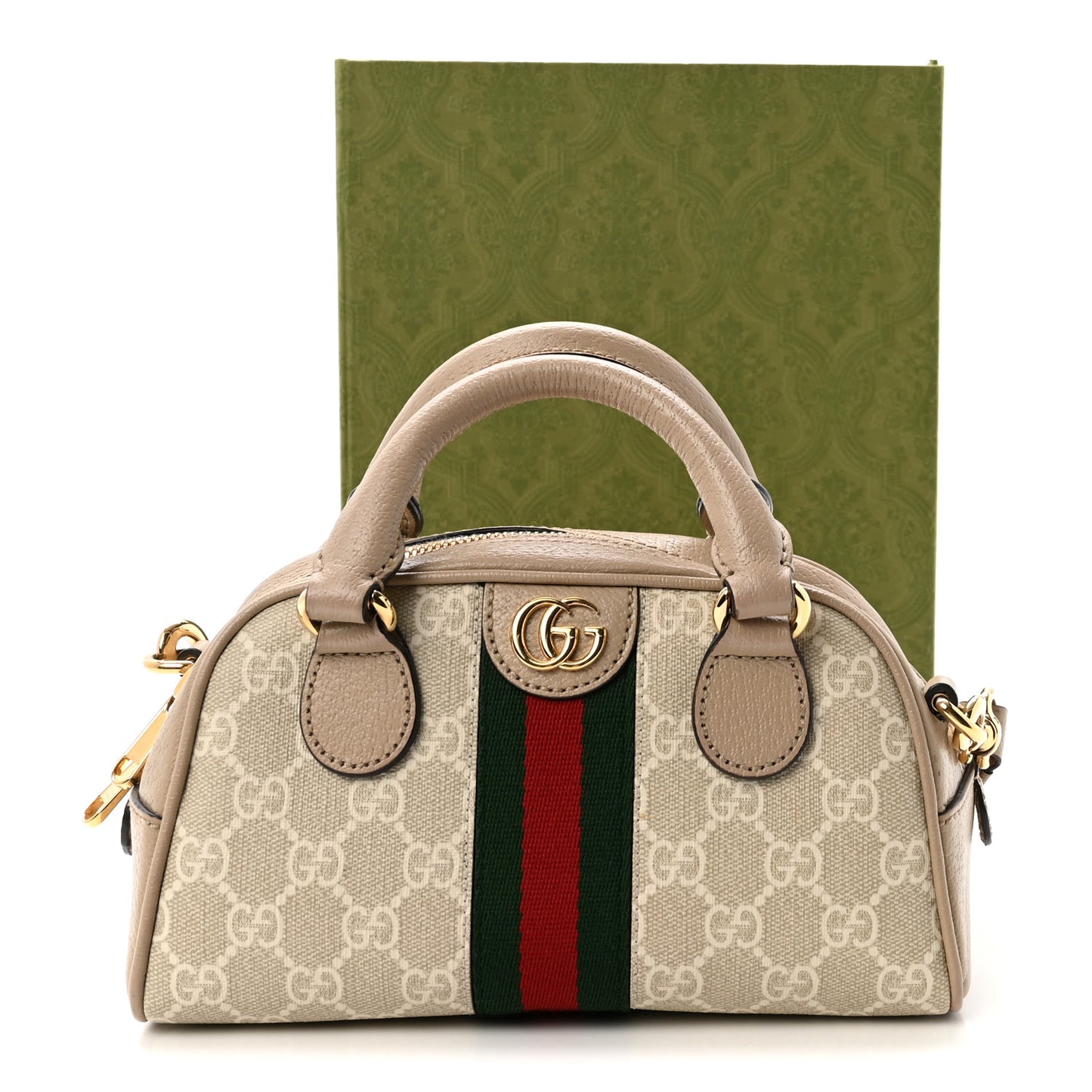 GG Supreme Monogram Textured Dollar Calfskin Web Mini Ophidia Top Handle Bowler Bag Beige Mystic White Oatmeal