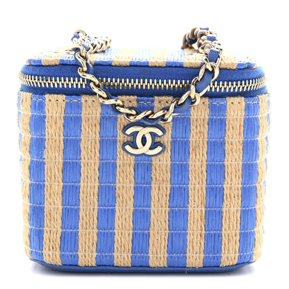 Chanel Raffia Jute Striped Mini Vanity Case With Chain Blue Beige 1 of 10