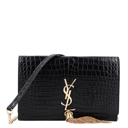 Saint Laurent Calfskin Crocodile Embossed Kate Monogram Tassel Chain Wallet Black 1 of 10
