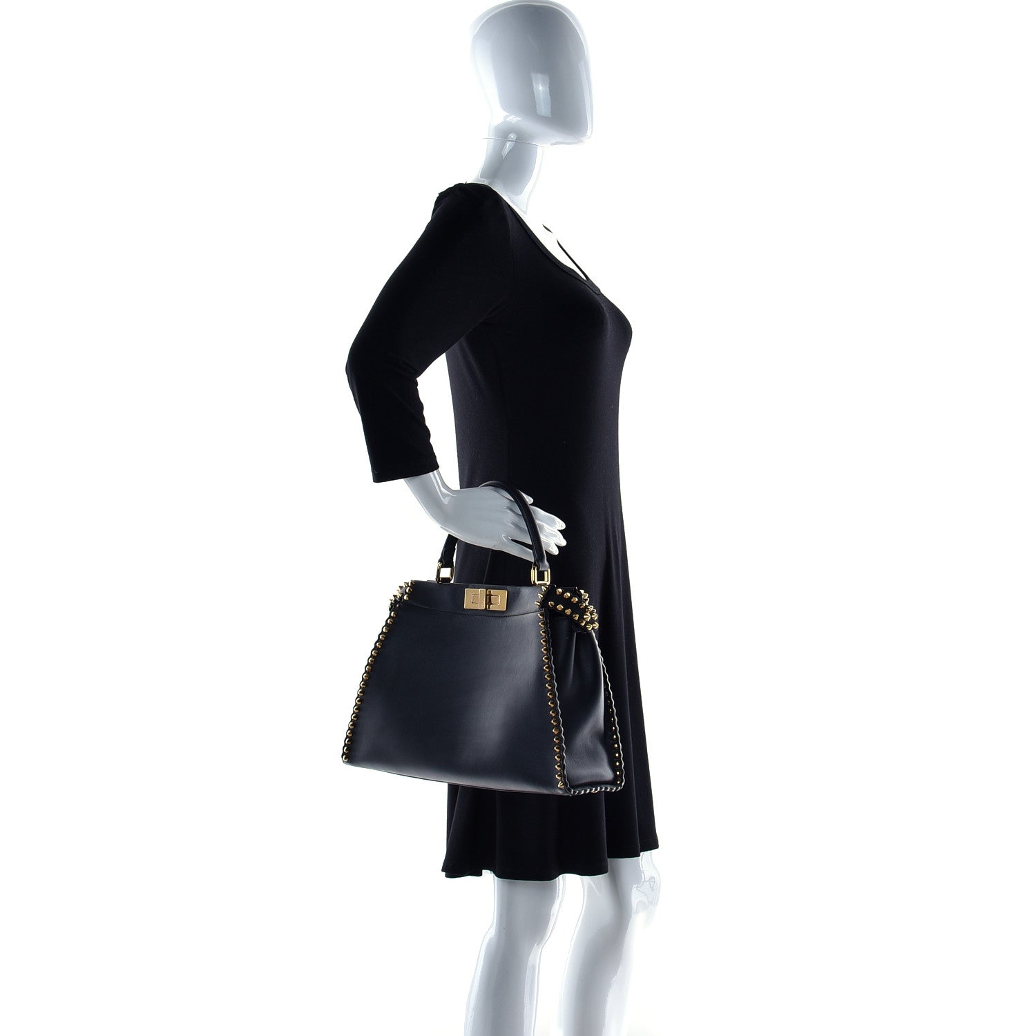 Fendi Vitello Seta Shiny Nappa Scalloped Studded Medium Peekaboo Iconic Satchel Black 3 of 17