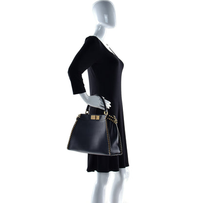 Fendi Vitello Seta Shiny Nappa Scalloped Studded Medium Peekaboo Iconic Satchel Black 3 of 17