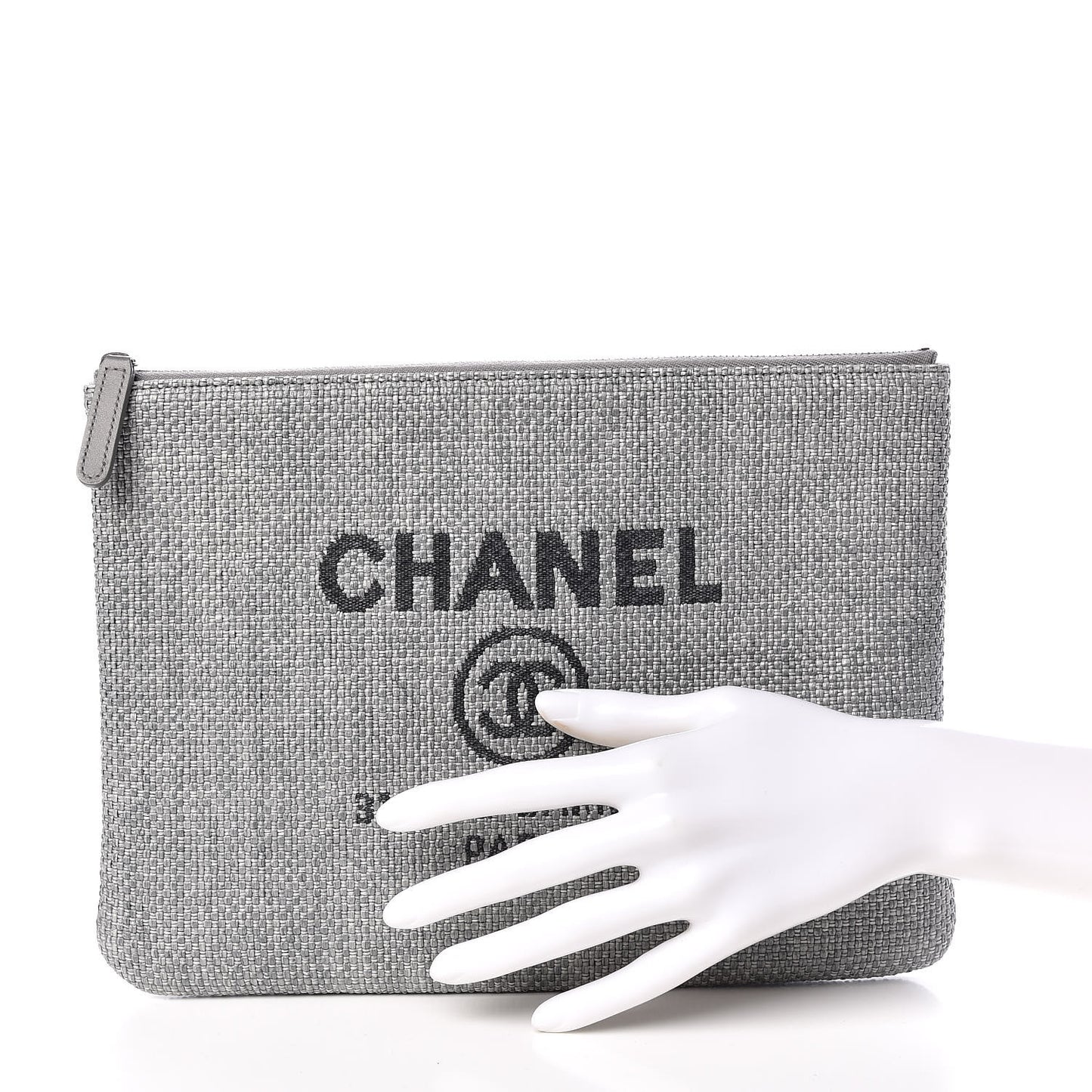 Woven Straw Raffia Medium Deauville Pouch Grey