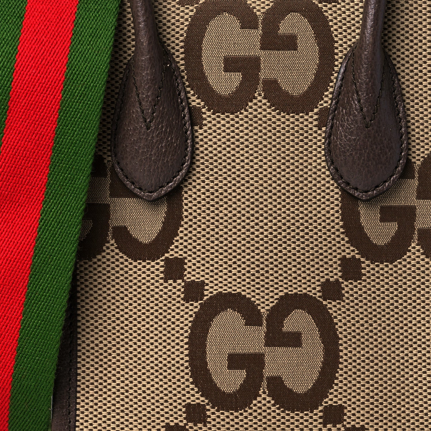 Gucci Monogram Jumbo GG Textured Dollar Calfskin Web Mini Vertical Tote Camel Ebony New Acero 8 of 11