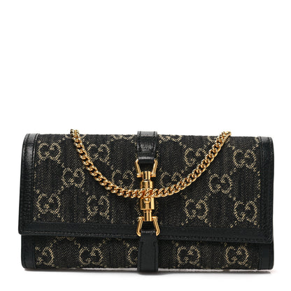 Gucci Jacquard Black Denim GG Monogram Textured Dollar Calfskin Jackie 1961 Chain Wallet Black Ivory 1 of 6