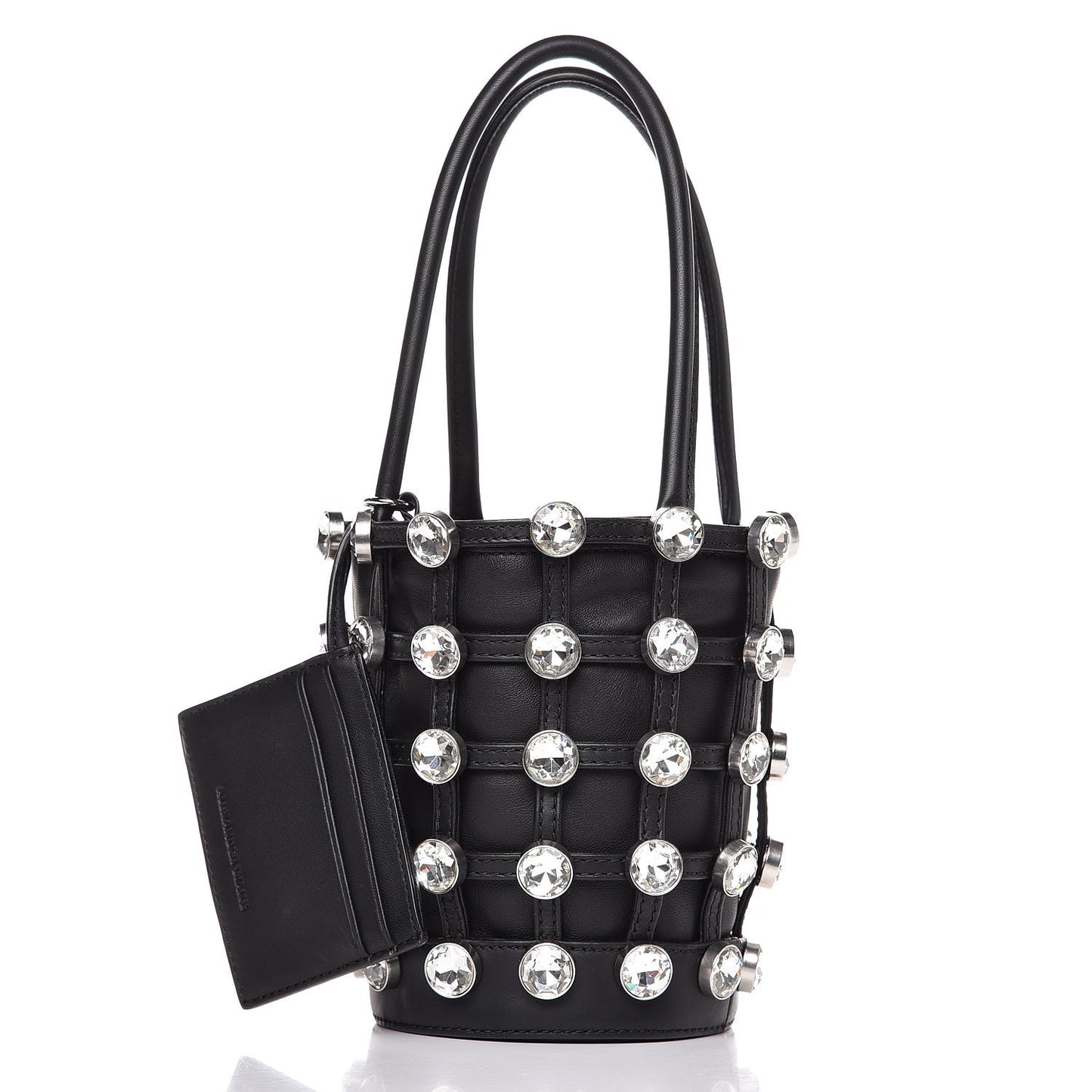 Calfskin Crystal Embellished Roxy Mini Bucket Bag Black