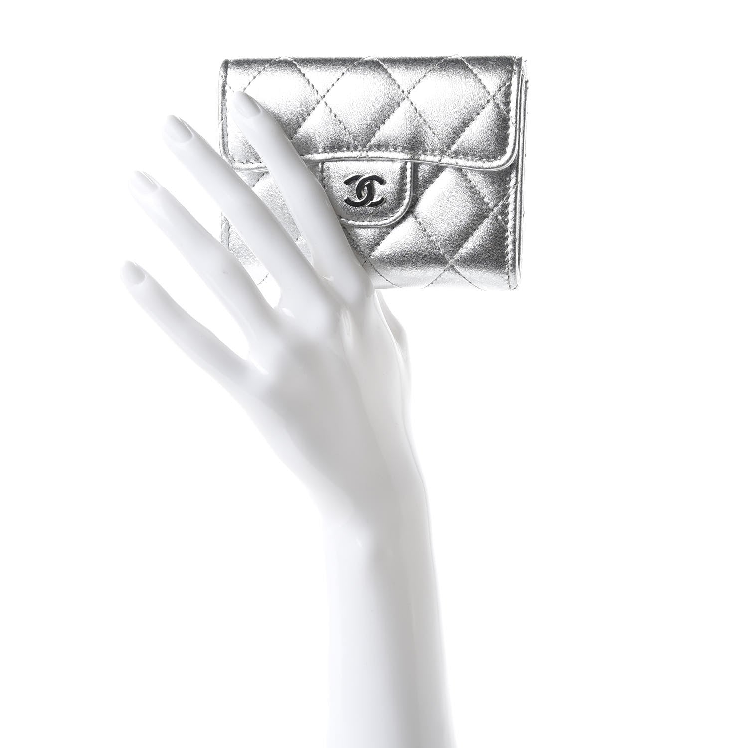 Chanel Metallic Lambskin Quilted Flap Card Holder Wallet Silver 2 of 11