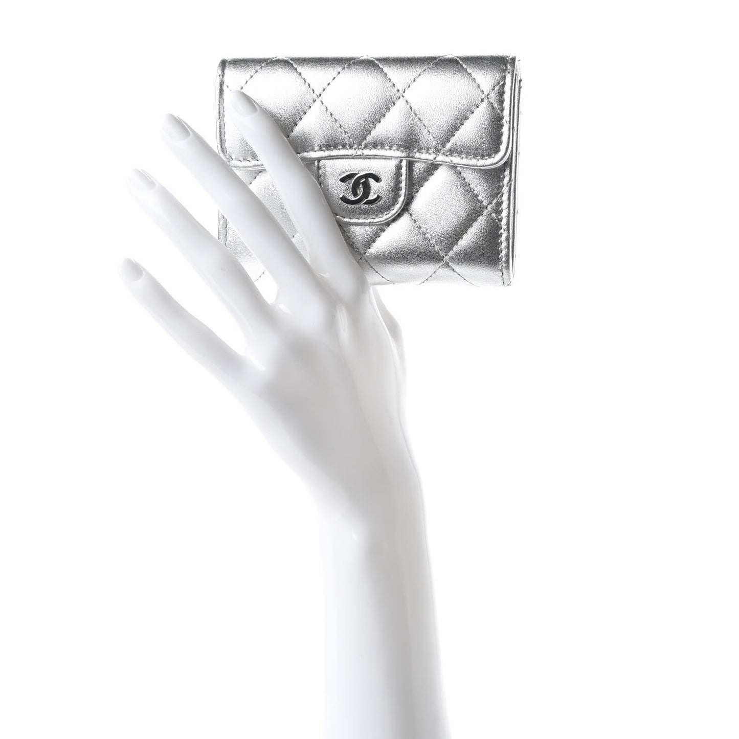 Metallic Lambskin Quilted Flap Card Holder Wallet Silver