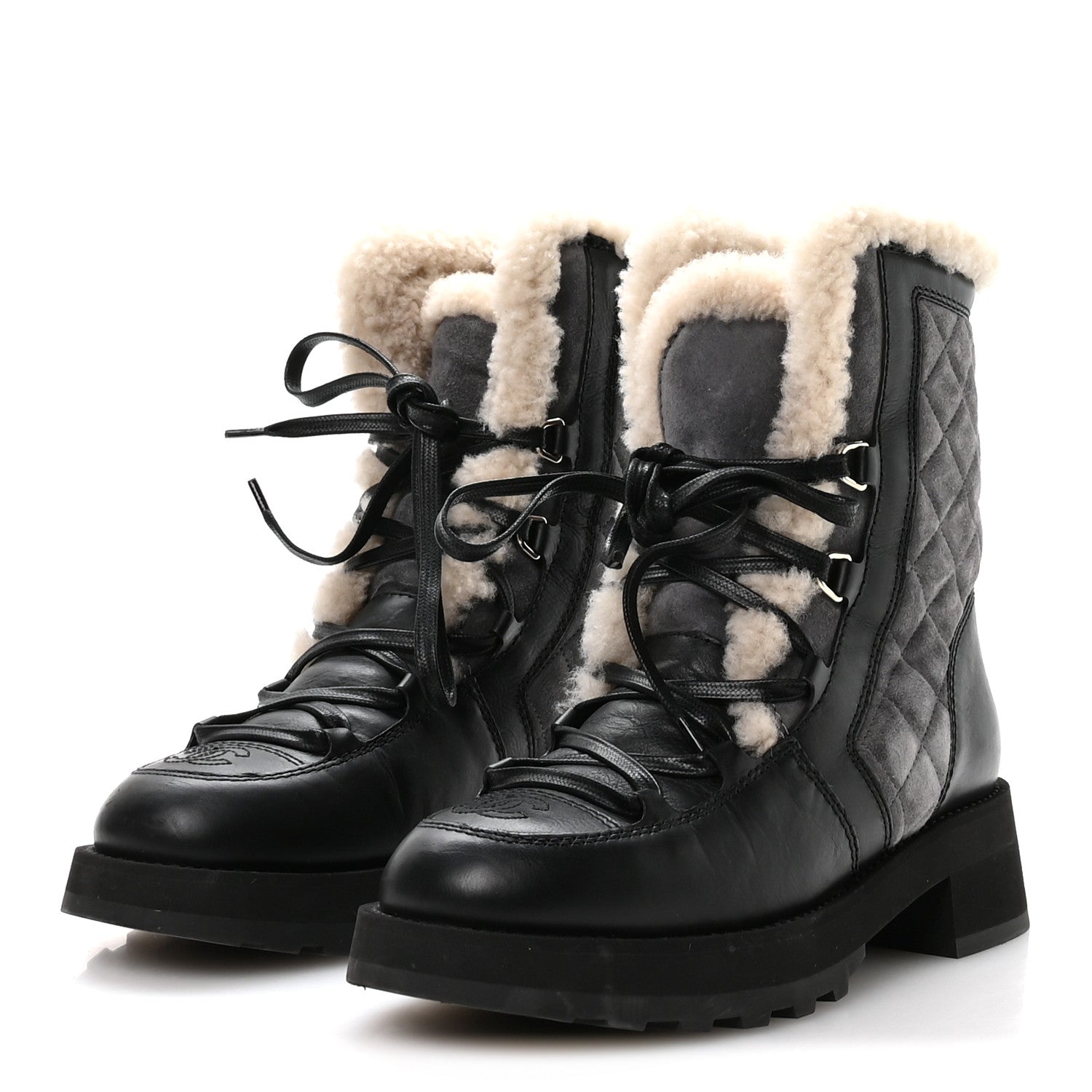 Chanel Calfskin Suede Shearling Lace Up Boots 37 Black Grey Light Beige 4 of 8
