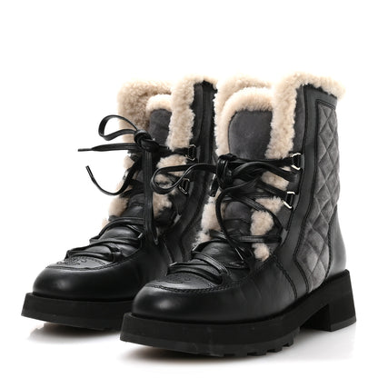 Chanel Calfskin Suede Shearling Lace Up Boots 37 Black Grey Light Beige 4 of 8