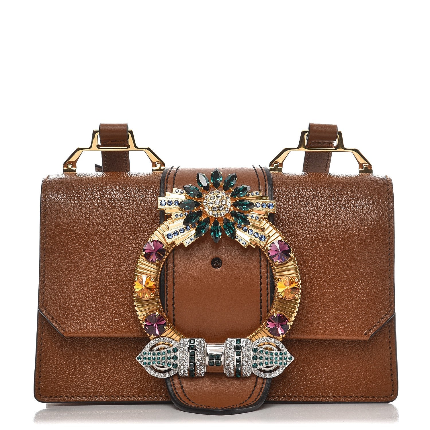 Miu Miu Goatskin Madras Soft Calf Crystal Embellished Shoulder Bag Brandy 1 of 6