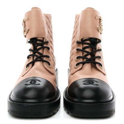 Chanel Shiny Lambskin Calfskin Quilted Lace Up Combat Boots 39.5 Beige Black 3 of 11