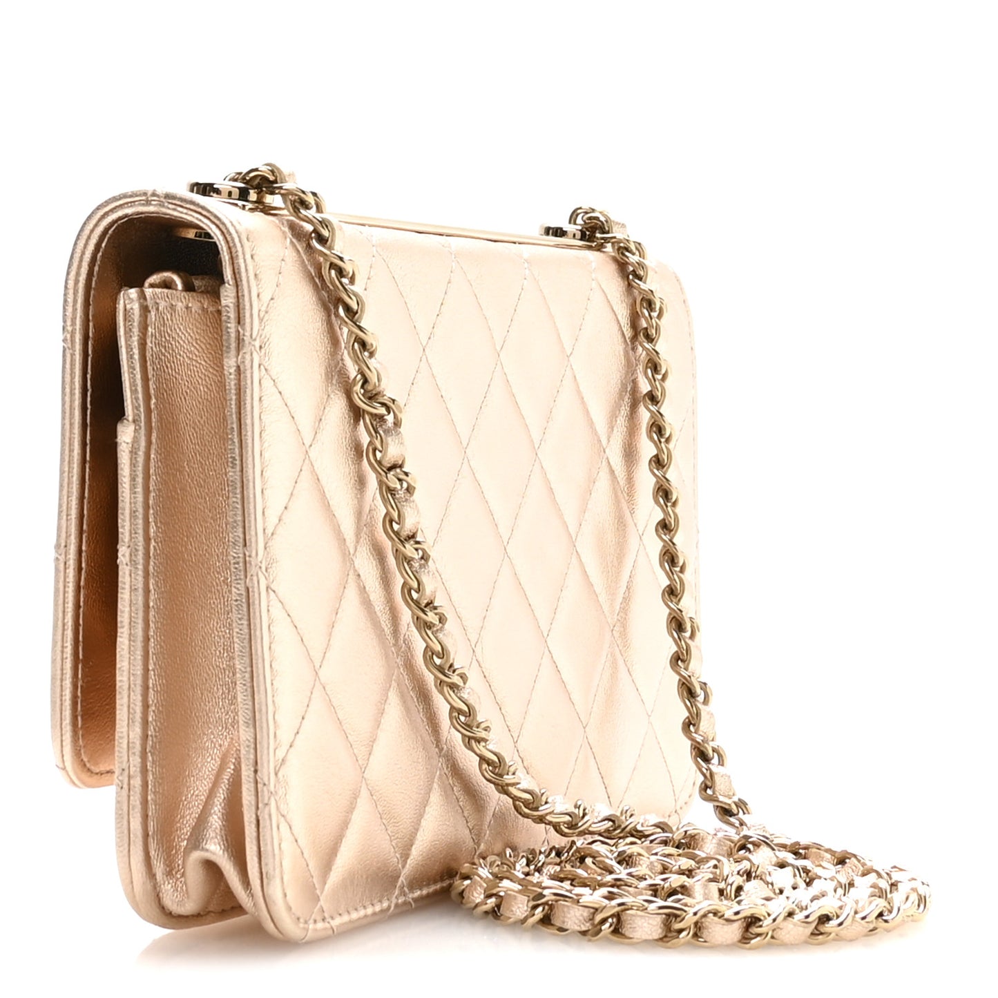 Metallic Lambskin Quilted Trendy CC Wallet On Chain WOC Gold