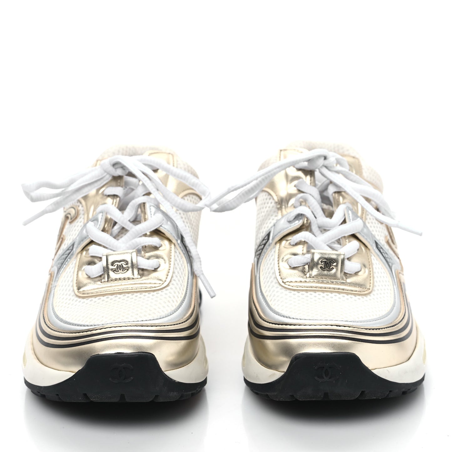 Fabric Laminated Calfskin Stretch CC Sneakers 36.5 White Gold Silver