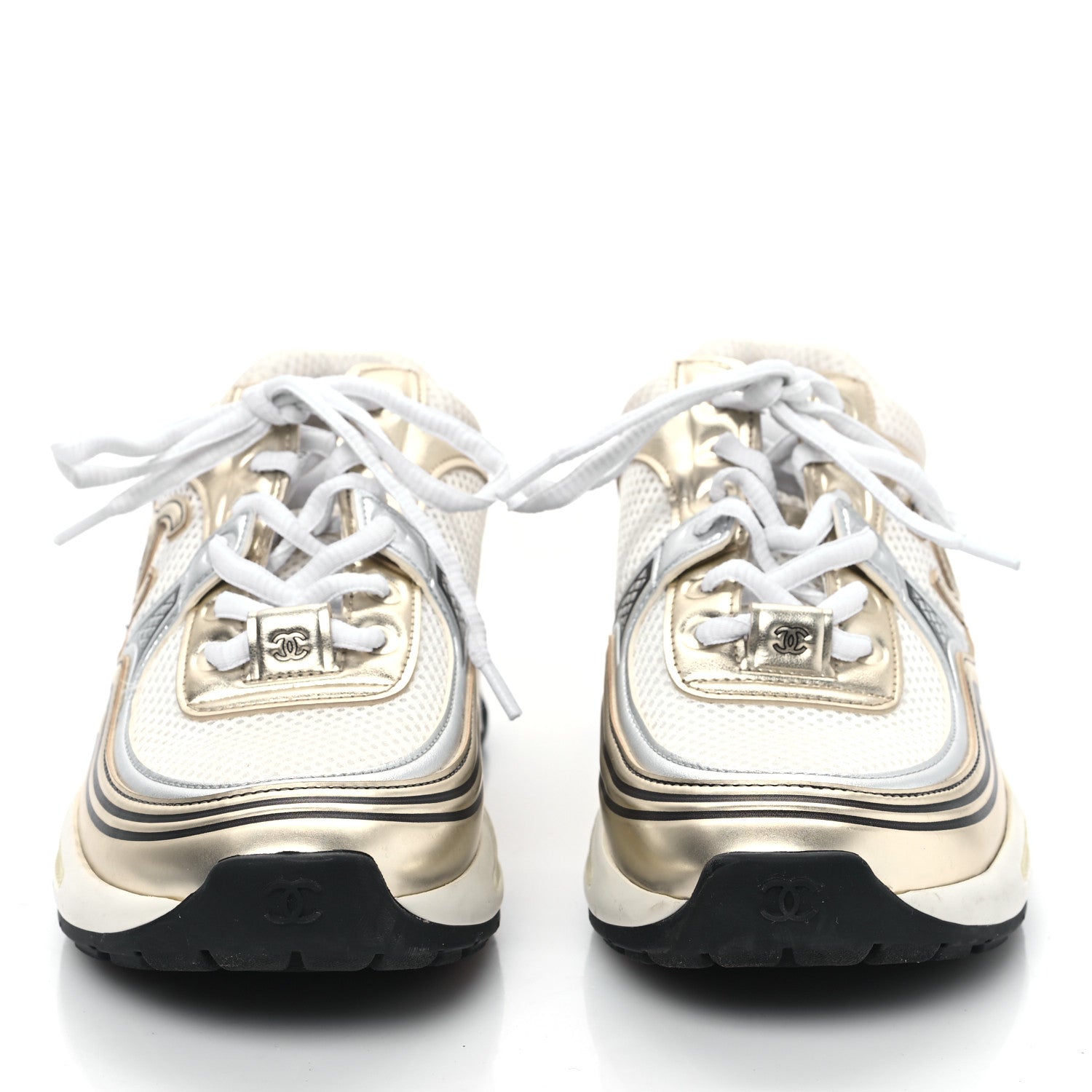 Chanel Fabric Laminated Calfskin Stretch CC Sneakers 36.5 White Gold Silver 2 of 8