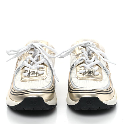 Chanel Fabric Laminated Calfskin Stretch CC Sneakers 36.5 White Gold Silver 2 of 8