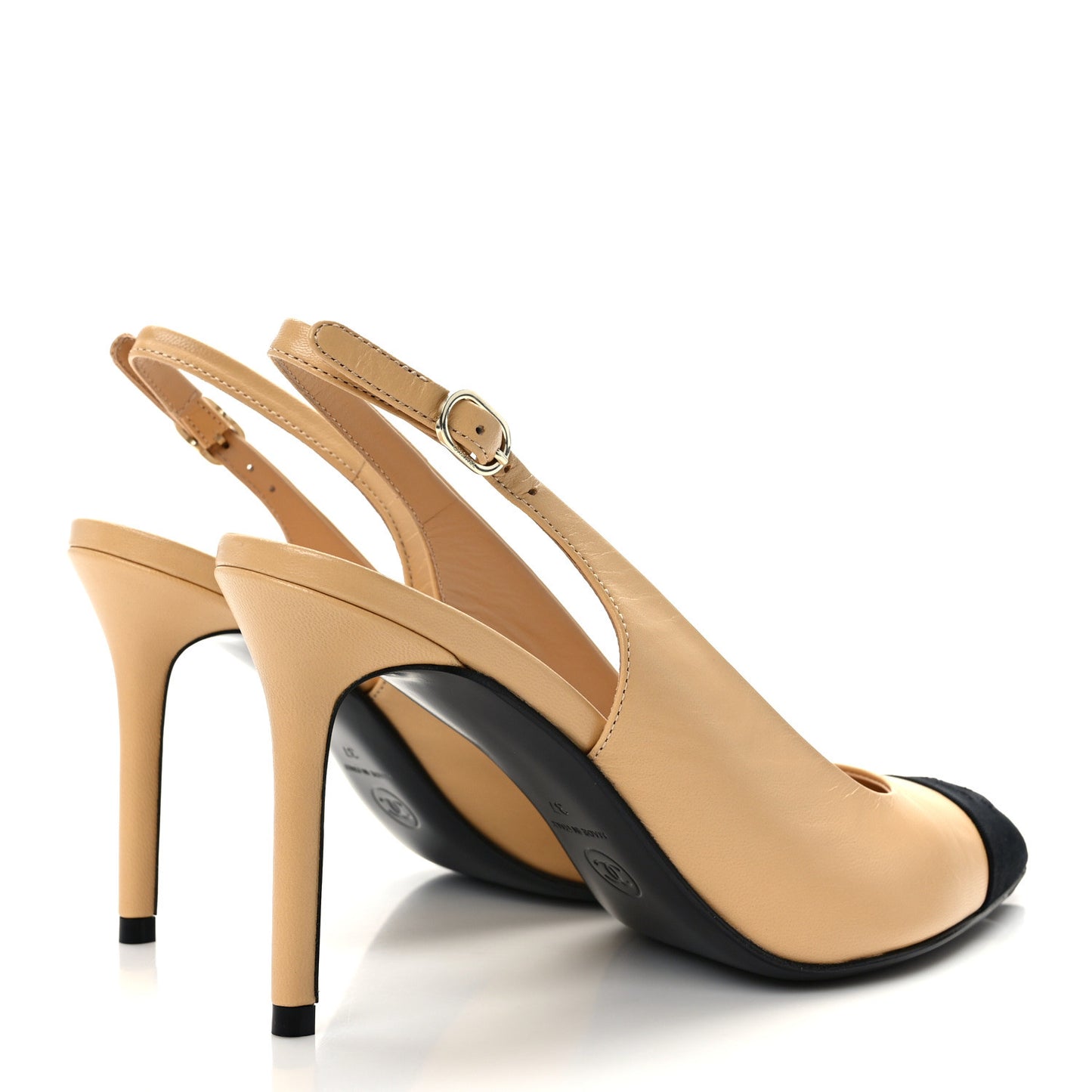 Goatskin Grosgrain Pointed Cap Toe CC Slingback Pumps 37 Beige Black