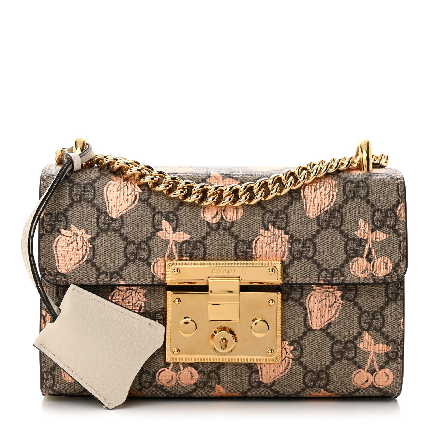 Gucci GG Supreme Monogram Berry Textured Dollar Calfskin Small Padlock Shoulder Bag Beige Ebony Light Copper Mystic White 1 of 9