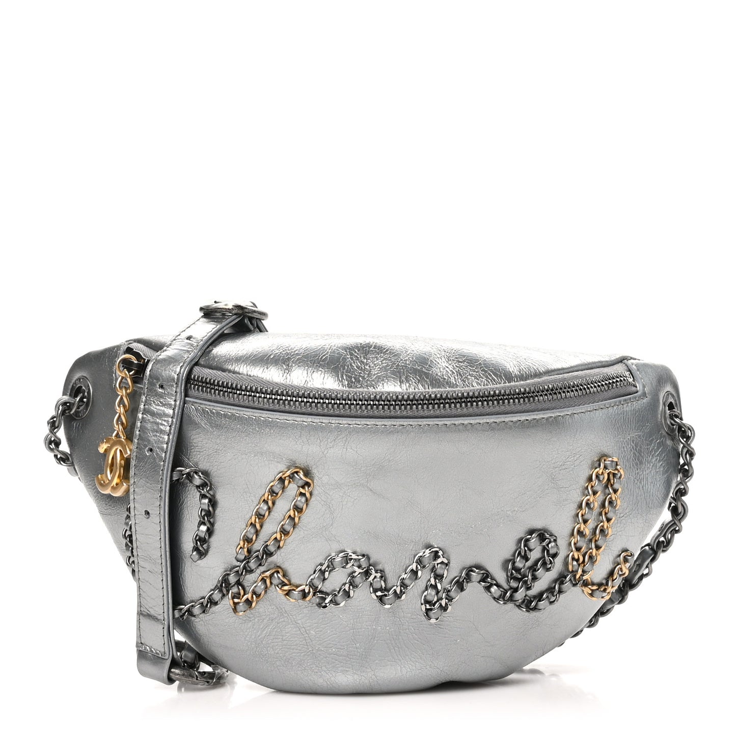Metallic Crumpled Calfskin Chain 20s Signe Waist Bag Silver