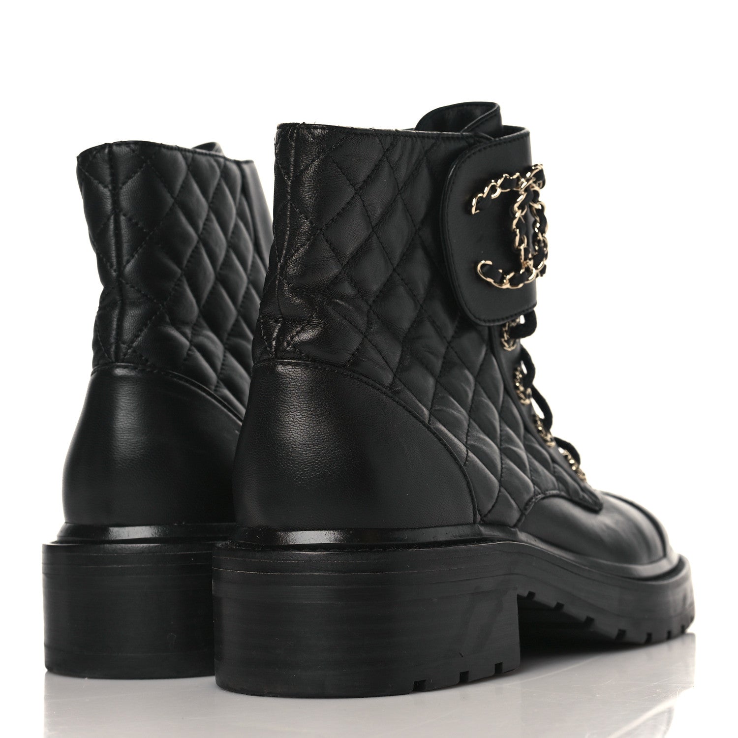 Chanel Shiny Calfskin Quilted Lace Up Combat Boots 37 Black 4 of 7