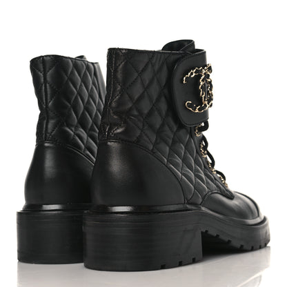 Chanel Shiny Calfskin Quilted Lace Up Combat Boots 37 Black 4 of 7