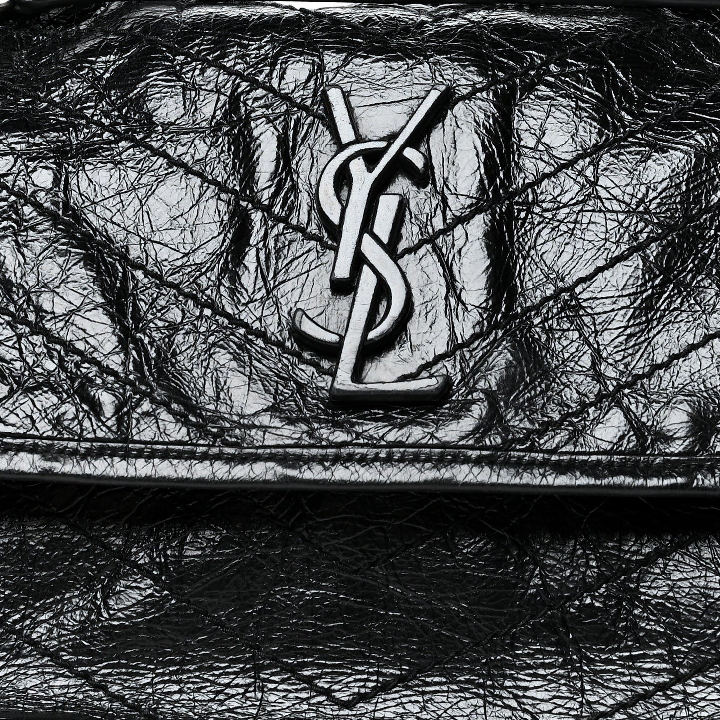 Crinkled Calfskin Matelasse Monogram Medium Niki Chain Satchel Black