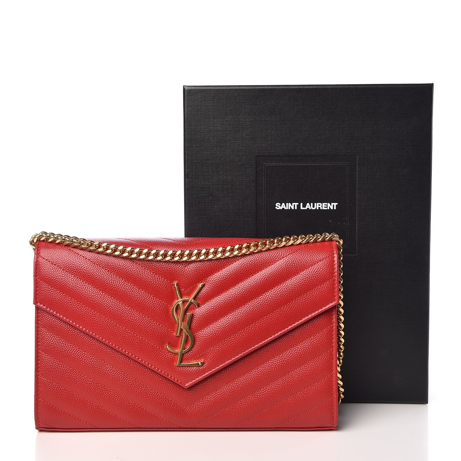 Saint Laurent Grain De Poudre Matelasse Chevron Monogram Chain Wallet Red 12 of 12