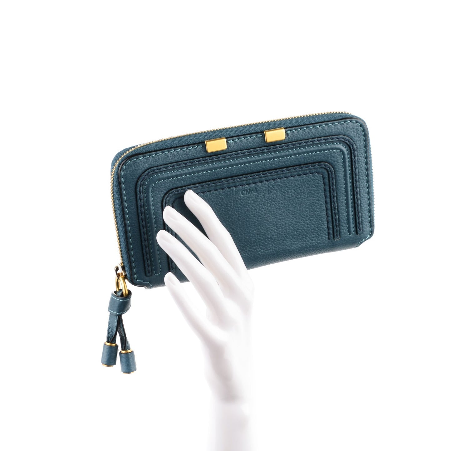 Grained Calfskin Marcie Long Zip Around Wallet Steel Blue