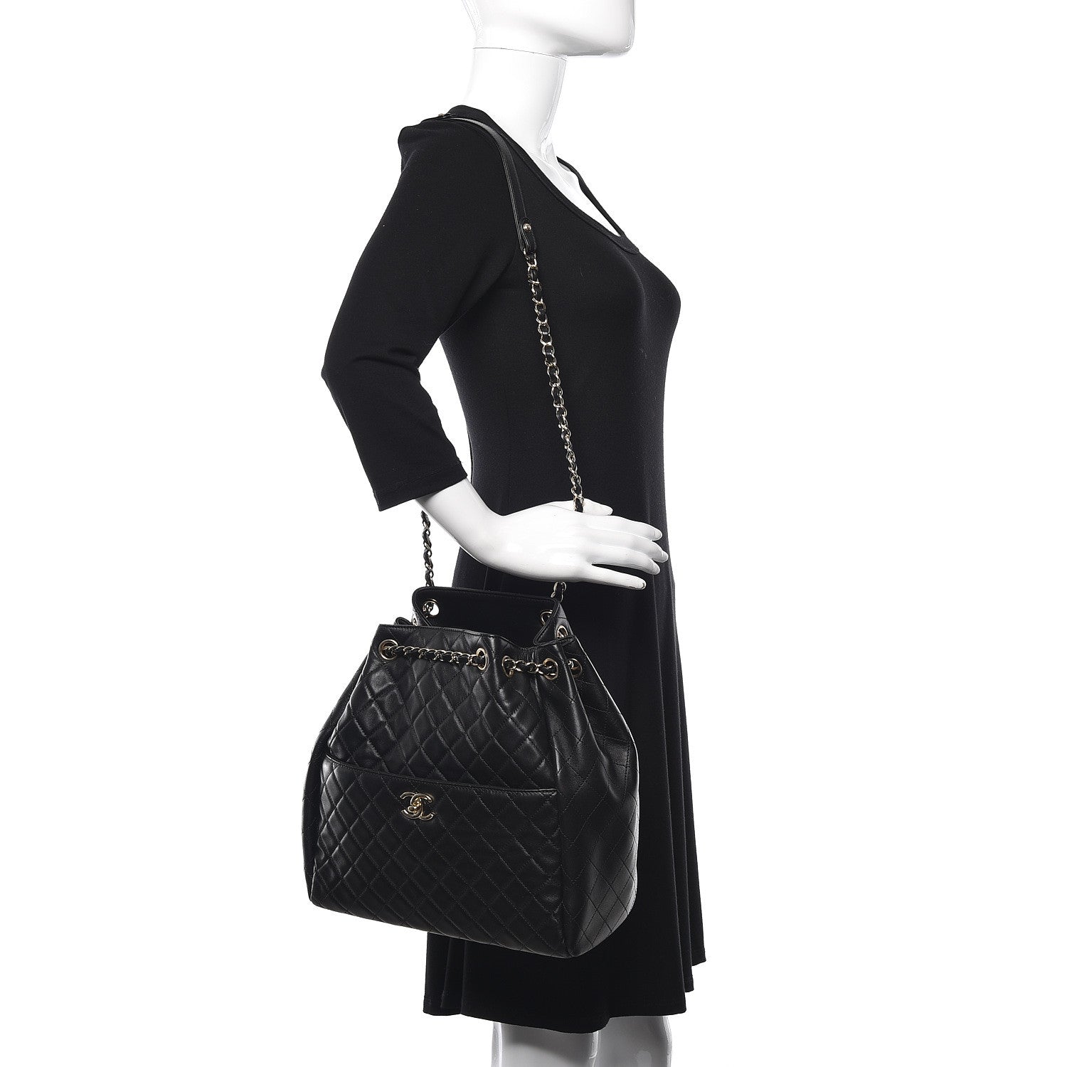 Chanel Lambskin Quilted Large Drawstring Bag Black 2 of 11