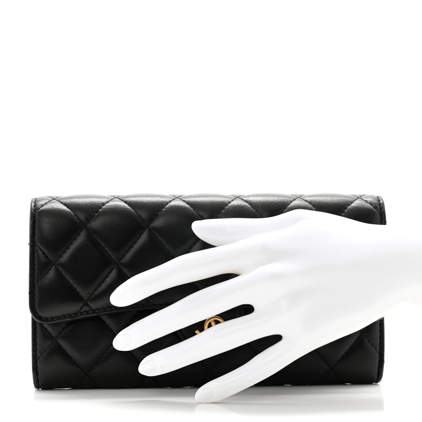 Lambskin Quilted Large Gusset Flap Wallet Black