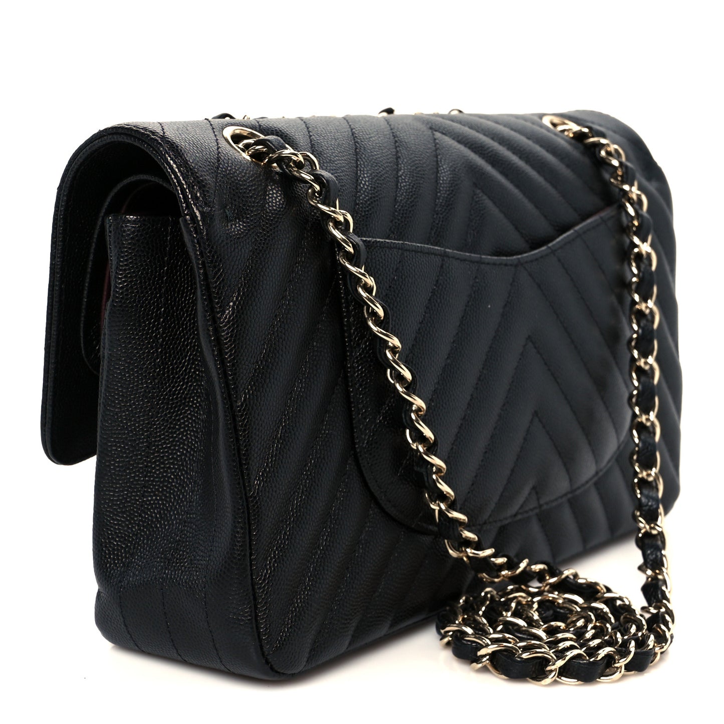 Caviar Chevron Quilted Medium Double Flap Black