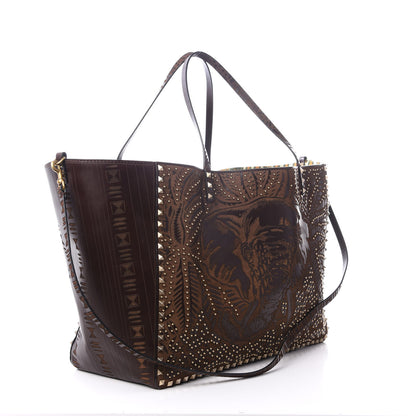 Valentino Garavani Calfskin Canvas Elephant Embossed Medium Rockstud Reversible Tote Brown 3 of 16