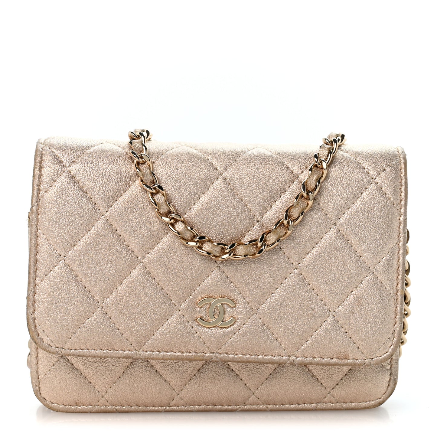Metallic Lambskin Quilted Mini Wallet On Chain WOC Gold