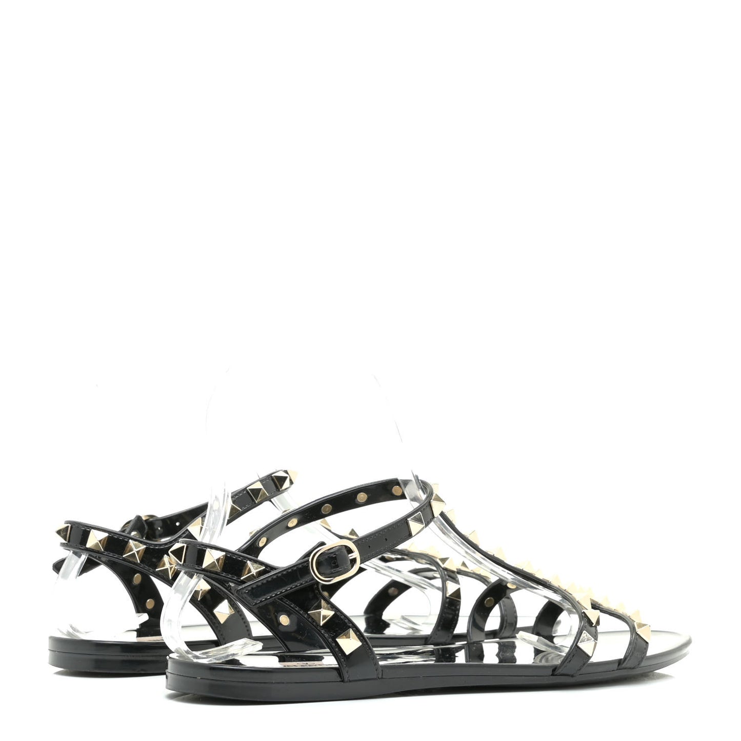 Patent Rockstud T-Strap Slingback Flat Sandals 38 Black