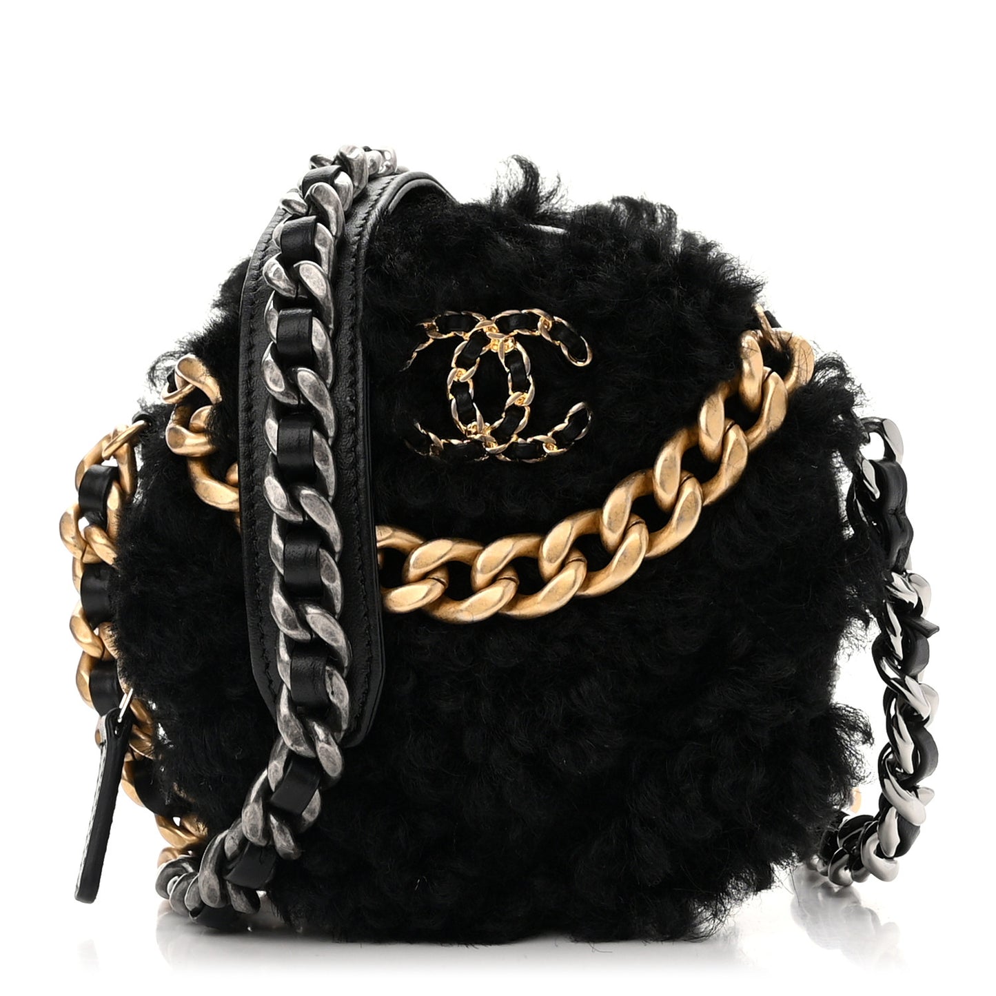 Shearling Sheepskin Chanel 19 Round Clutch With Chain Black