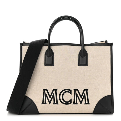 MCM Calfskin Linen Large Munchen Tote Black 3 of 15