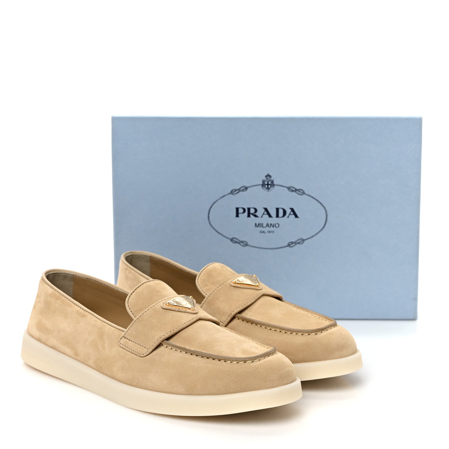 Prada Vitello Scamosciato Metal Triangle Logo Saint Tropez 25mm Loafers 40 Ecru 9 of 9