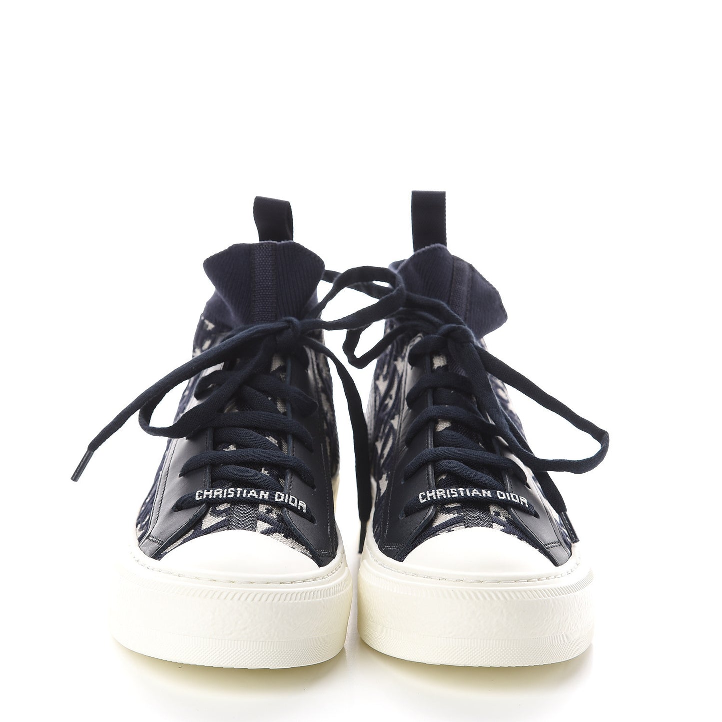 Technical Knit Calfskin Oblique Womens Walk'n Dior Mid Top Sneakers 35.5 Deep Blue