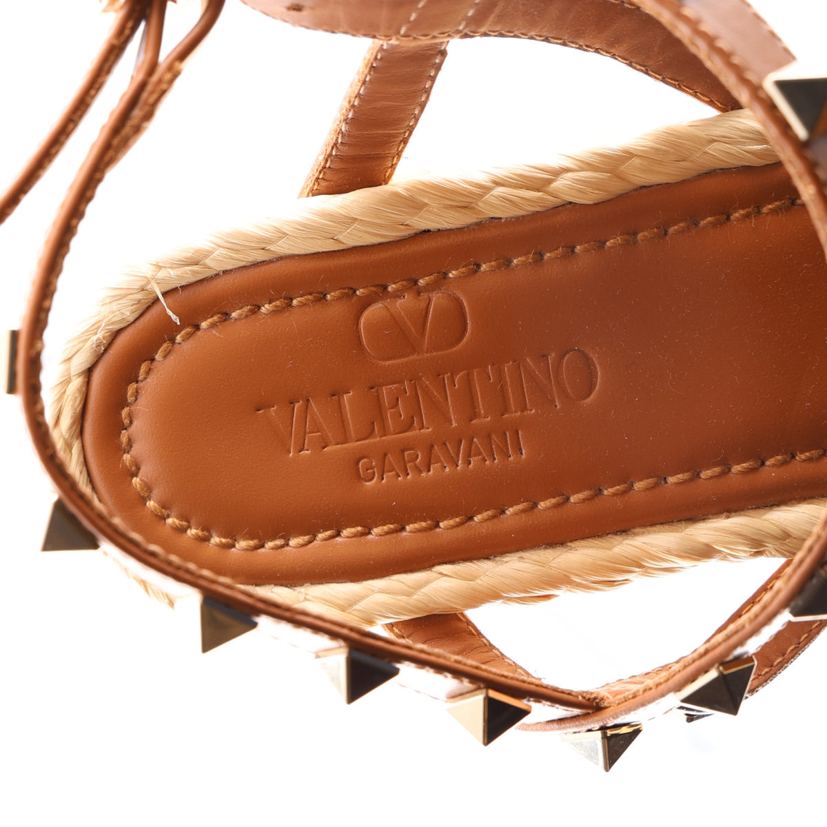 Calfskin Raffia Braided Rockstud Ankle Strap Espadrille 95mm Wedge Sandals 37 Almond Beige Naturale