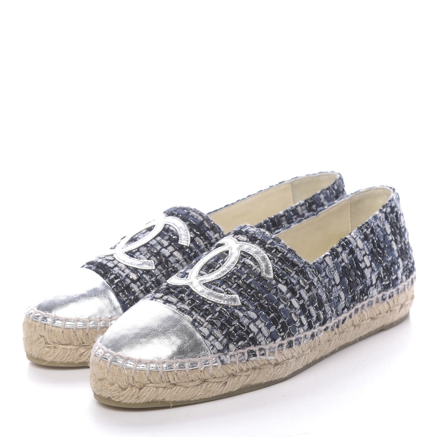 Metallic Tweed Lambskin CC Espadrilles 36 Black Silver