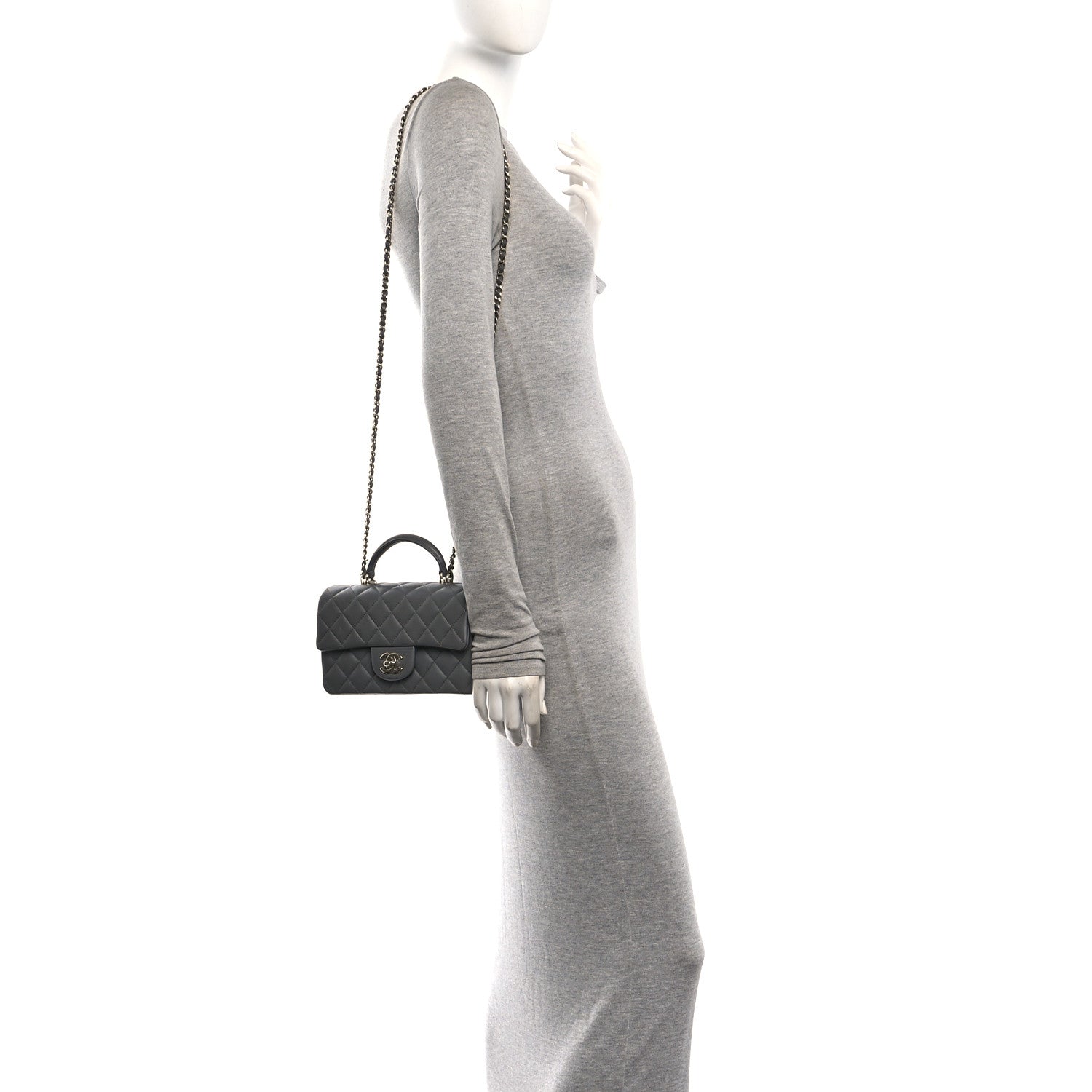 Chanel Lambskin Quilted Mini Top Handle Rectangular Flap Dark Grey 2 of 13