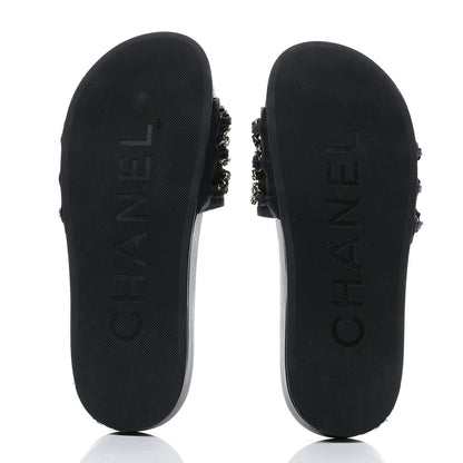 Chanel Lambskin Canvas Chain Flat Sandals 38 Black 6 of 8