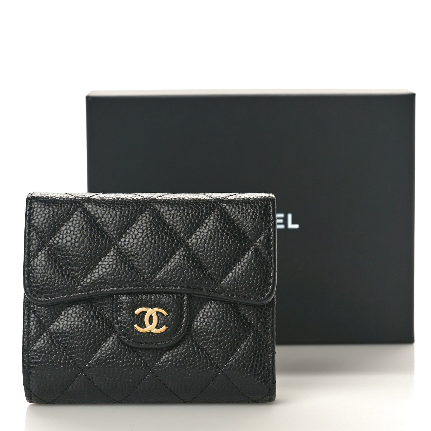 Caviar Quilted Compact Flap Wallet Black