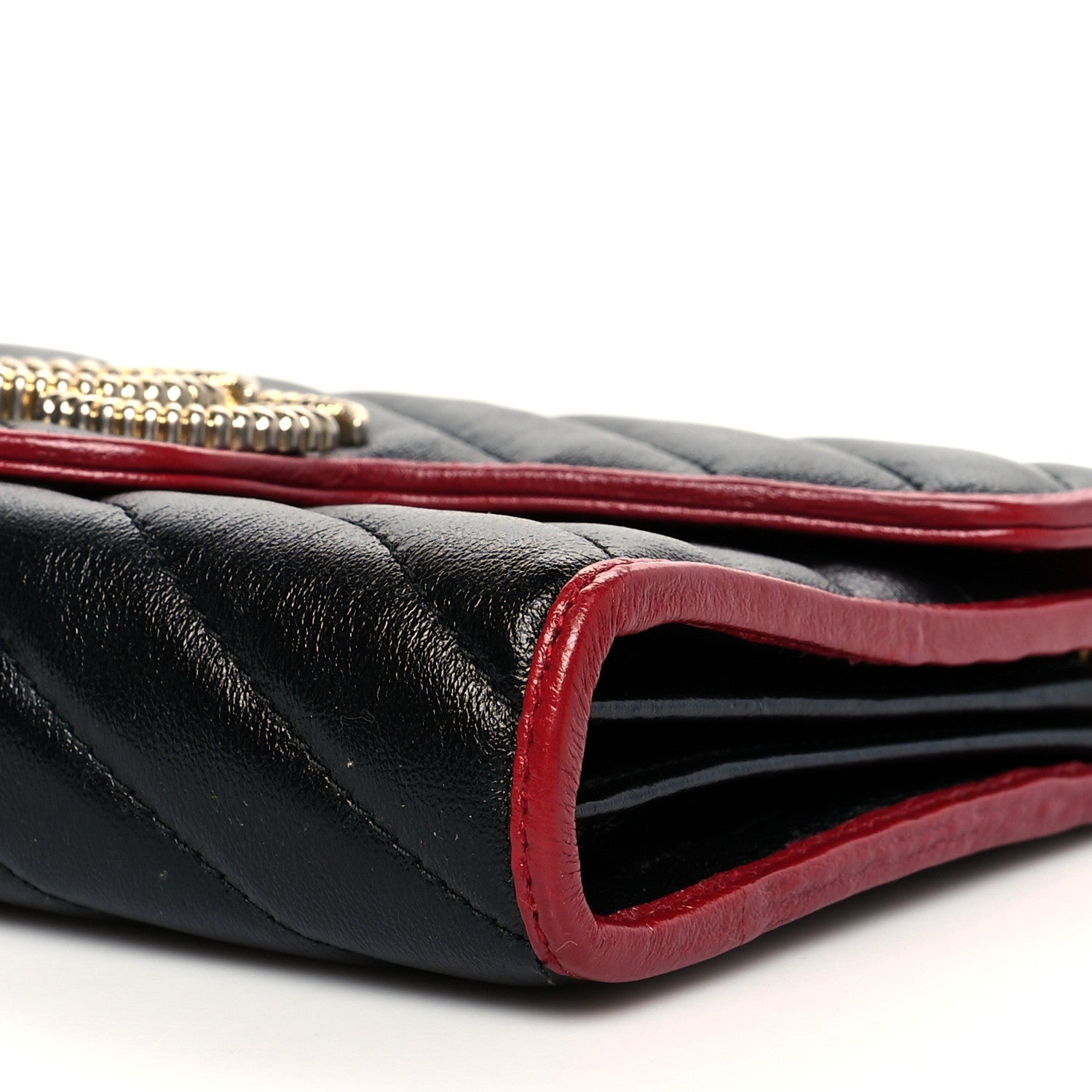 Gucci Vintage Effect Calfskin Matelasse Diagonal Torchon GG Marmont Chain Wallet Black Romantic Cherry 9 of 9